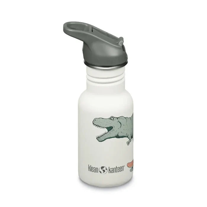 Klean Kanteen Kids Classic Water Bottle Flip Cap 355ml shown from the side in colour Dino Skate White