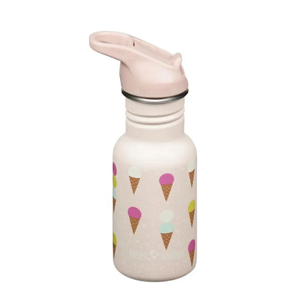 Klean Kanteen Kids Classic Water Bottle Flip Cap 355ml shown from the side in colour Ice Cram pink