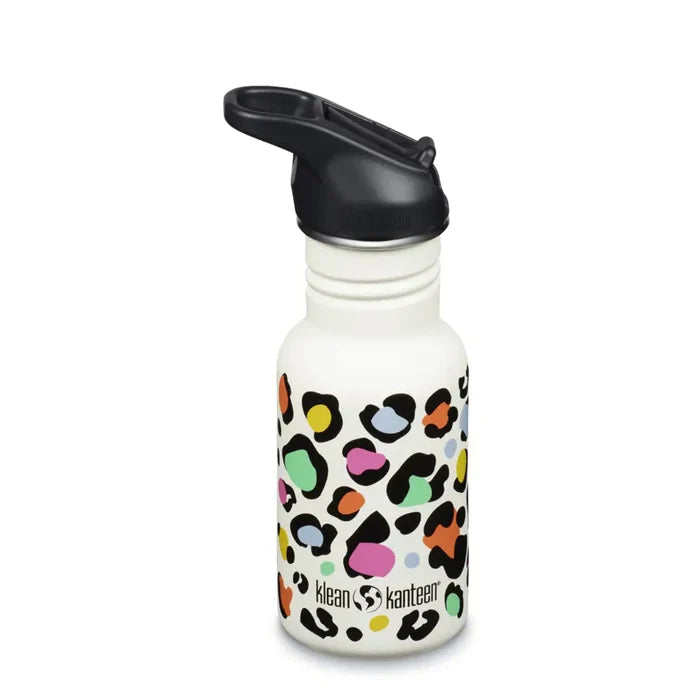 Klean Kanteen Kids Classic Water Bottle Flip Cap 355ml shown from the side in colour Leopard Print white