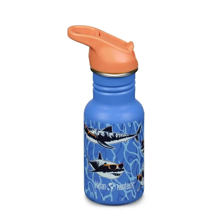 Klean Kanteen Kids Classic Water Bottle Flip Cap 355ml shown from the side in colour Sharks In Shades blue