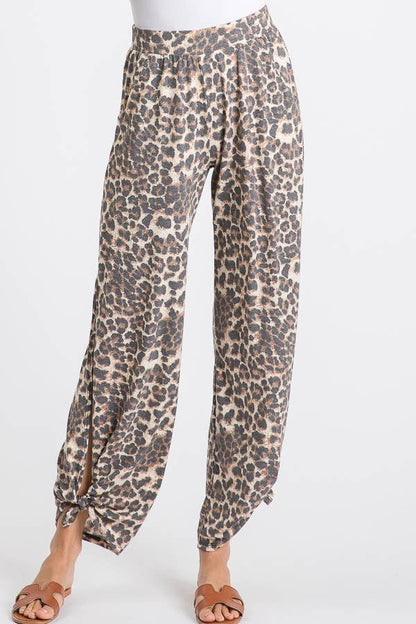 Leopard Print Lightweight Split Side Ankle Tie Pants