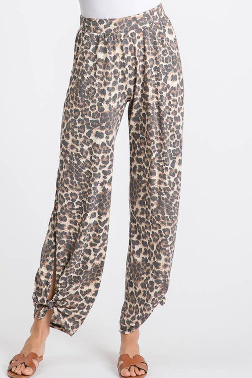 Leopard Print Lightweight Split Side Ankle Tie Pants