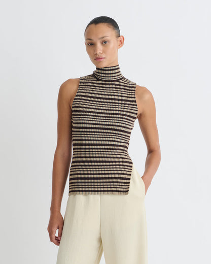 Liezel - Fine Merino Rib Sleeveless Top - Black/Brown/Green Stripe