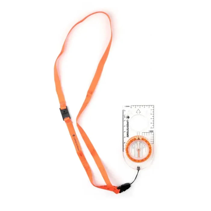 Lifesystems Hiking Compass attached to  its ornage lanyard on a white background