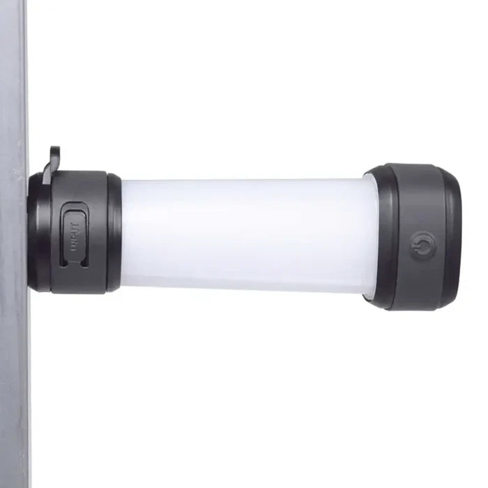 Lifesystems Intensity Rechargeable 552 Lumens LED Lantern shown attached horizontally to a metal upright using the torches top magnets, on a white background