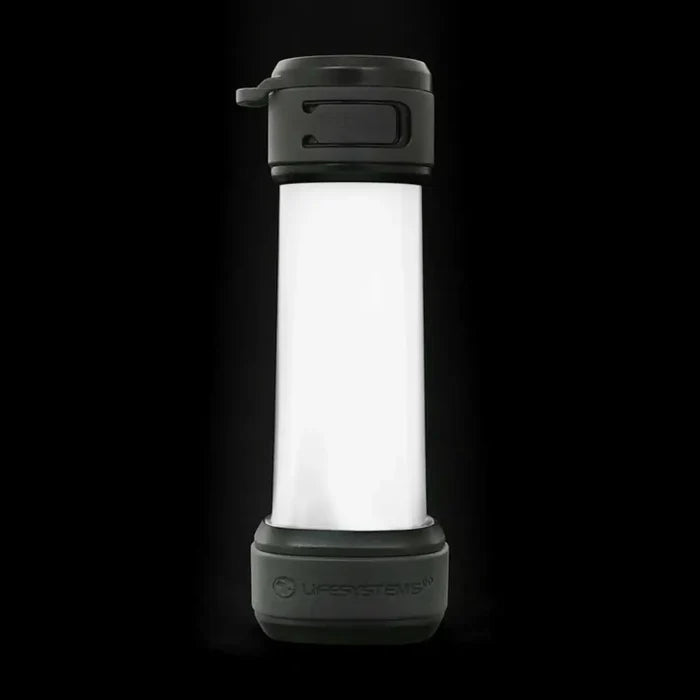 Lifesystems Intensity Rechargeable 552 Lumens Lantern shown with the white LEDs lit, on a black background