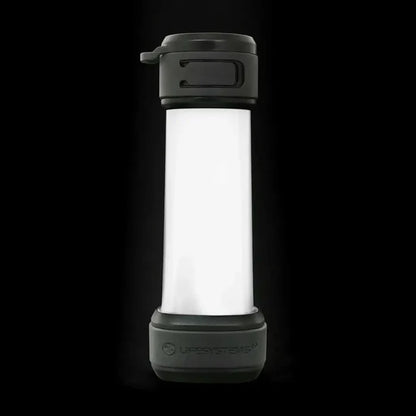 Lifesystems Intensity Rechargeable 552 Lumens Lantern shown with the white LEDs lit, on a black background