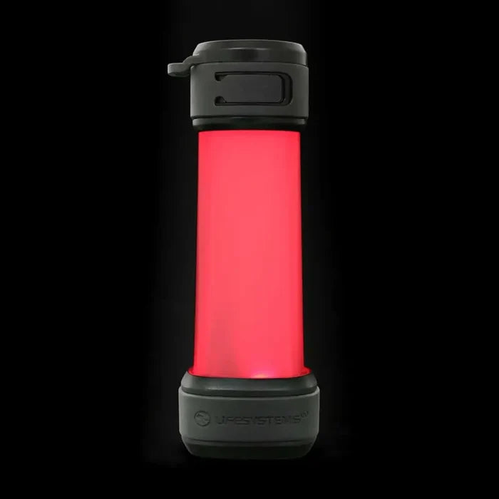 Lifesystems Intensity Rechargeable 552 Lumens Lantern shown with the red LED lit, on a black background