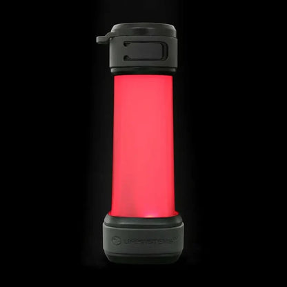 Lifesystems Intensity Rechargeable 552 Lumens Lantern shown with the red LED lit, on a black background