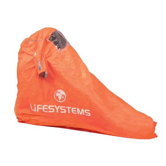 Lifesystems Survival Shelter 1 Man opened out with someone inside on a white background
