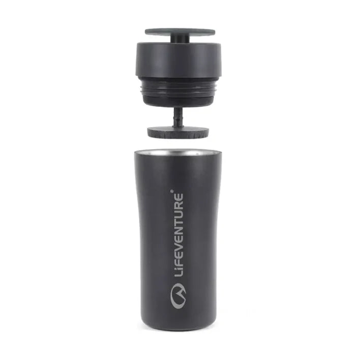 Lifeventure One Touch Stainless Steel Thermal Mugs 350ml black with its lid separated and floating above the cup, shown on a plain white background.