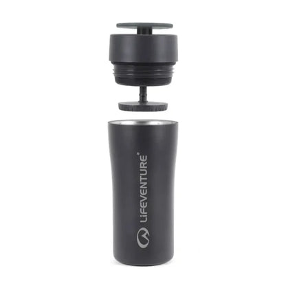 Lifeventure One Touch Stainless Steel Thermal Mugs 350ml black with its lid separated and floating above the cup, shown on a plain white background.