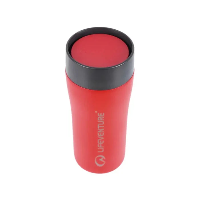 Top shot showing the lid detail on a Lifeventure One Touch Stainless Steel Thermal Mugs 350ml in red, on a white background.