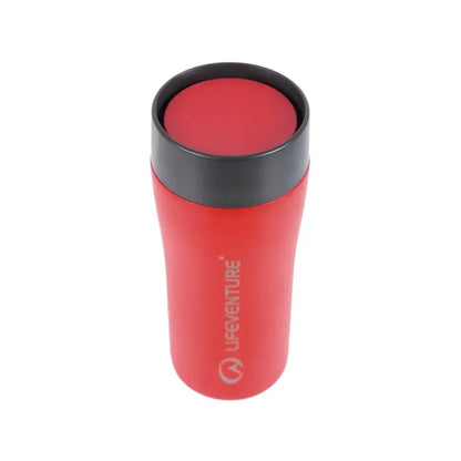 Top shot showing the lid detail on a Lifeventure One Touch Stainless Steel Thermal Mugs 350ml in red, on a white background.