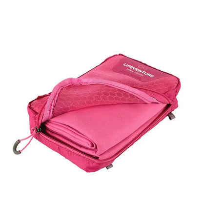 Lifeventure SoftFibre travel towel in xlarge pink packed in to its carry case