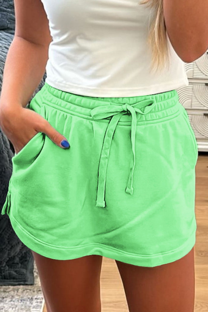 Light Green French Terry Drawstring Mini Skort with Pockets - S / 65% Polyester + 35% Cotton - Skirts/Skort