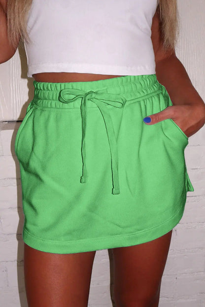 Light Green French Terry Drawstring Mini Skort with Pockets - Skirts/Skort