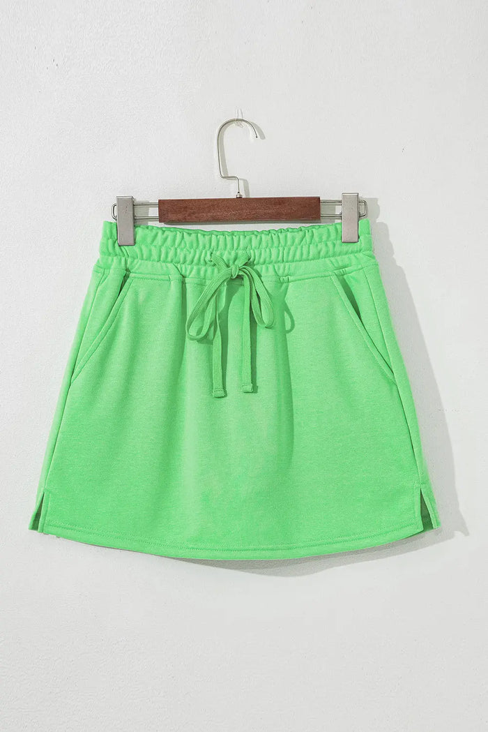 Light Green French Terry Drawstring Mini Skort with Pockets - Skirts/Skort