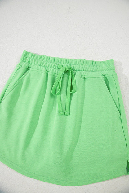 Light Green French Terry Drawstring Mini Skort with Pockets - Skirts/Skort