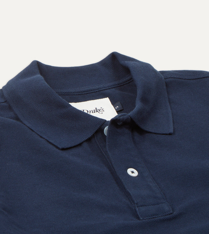 Light Navy Pique Cotton Long-Sleeve Polo Shirt
