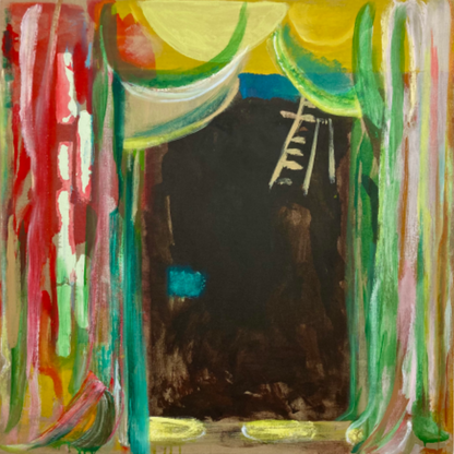 The artwork 'Limelighter's Tale' by Molly Herman features vibrant abstract brushstrokes framing a dark central void, with sweeping arcs of lime green, yellow, and coral red creating a theatrical curtain effect. Dynamic vertical strokes and luminous colors on oil-painted linen create a stage-like composition, 48x48 inches, by Molly Herman.