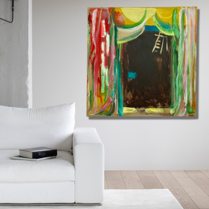 The artwork 'Limelighter's Tale' by Molly Herman features vibrant brushstrokes in red, green, and yellow framing a dark central space, creating a theatrical curtain-like effect. The oil on linen painting showcases expressive gestural marks, a subtle ladder motif, and rich texture through layered paint application, measuring 48x48 inches.