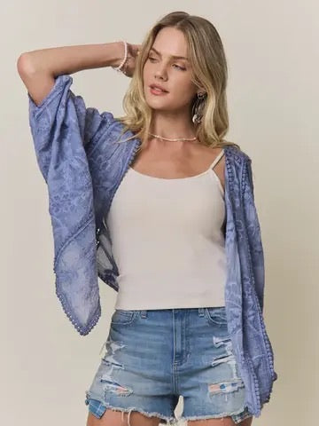 Liz Embroidered Kimono Cardigan in Periwinkle Blue
