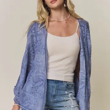 Liz Embroidered Kimono Cardigan in Periwinkle Blue