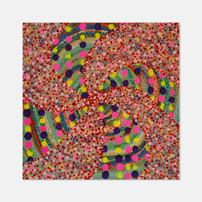 The artwork 'Lolli-Spin' by Lori Kirkbride features a vibrant spiral pattern composed of multicolored dots in pink, yellow, purple, and green against a speckled red-orange background. The playful, candy-like design swirls across the acrylic and resin panel, creating a dynamic circular movement with pointillism-inspired texture.