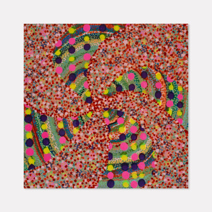 The artwork 'Lolli-Spin' by Lori Kirkbride features a vibrant spiral pattern composed of multicolored dots in pink, yellow, purple, and green against a speckled red-orange background. The playful, candy-like design swirls across the acrylic and resin panel, creating a dynamic circular movement with pointillism-inspired texture.