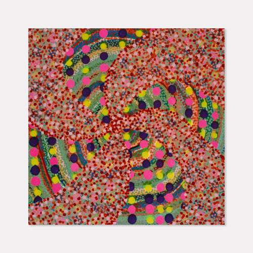 The artwork 'Lolli-Spin' by Lori Kirkbride features a vibrant spiral pattern composed of multicolored dots in pink, yellow, purple, and green against a speckled red-orange background. The playful, candy-like design swirls across the acrylic and resin panel, creating a dynamic circular movement with pointillism-inspired texture.