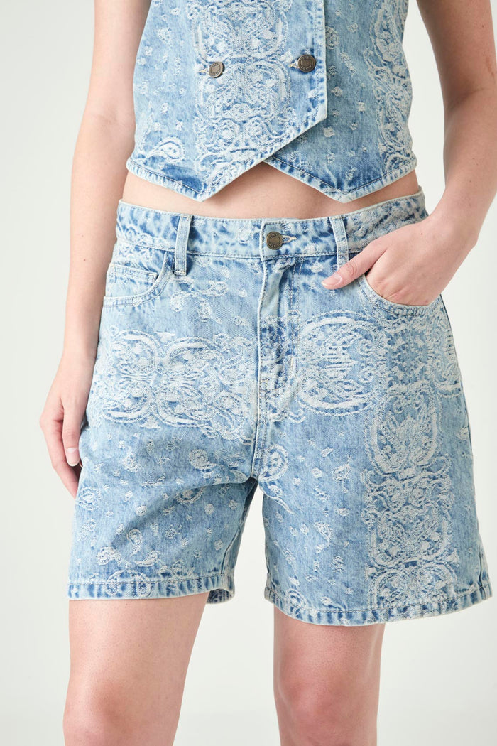 Long Bermuda Shorts with Washed Blue Paisley Cotton for Women