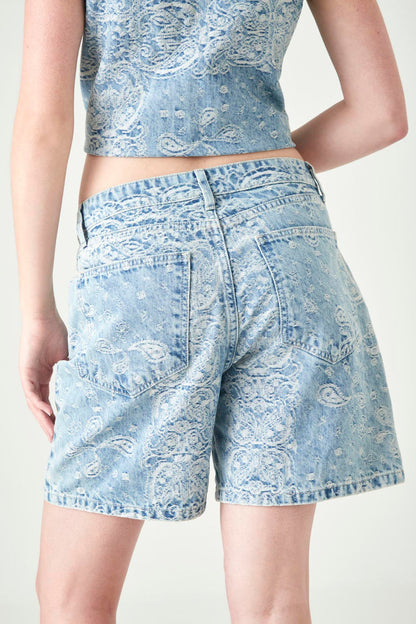 Long Bermuda Shorts with Washed Blue Paisley Cotton for Women