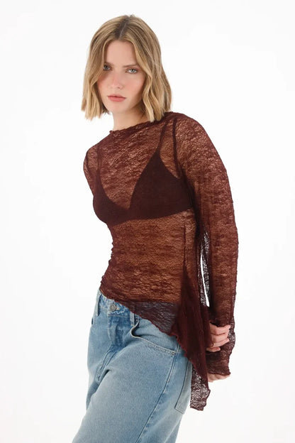 Long Sleeve T-Shirt in Red Lace Fabric for Women