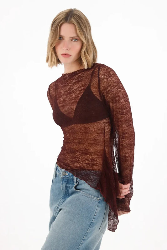Long Sleeve T-Shirt in Red Lace Fabric for Women