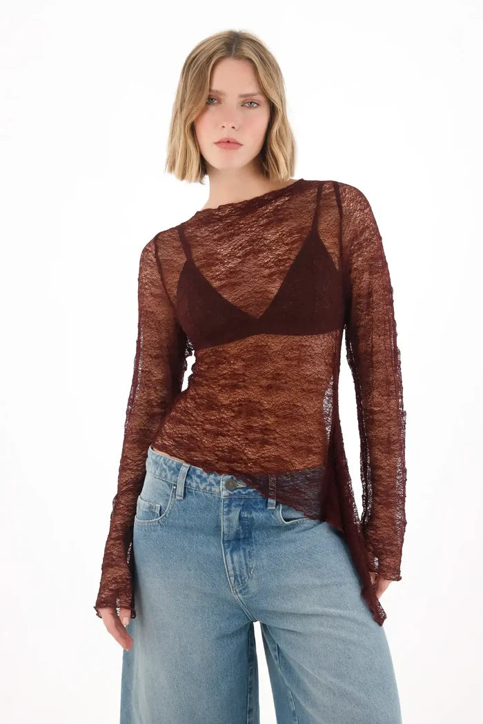 Long Sleeve T-Shirt in Red Lace Fabric for Women