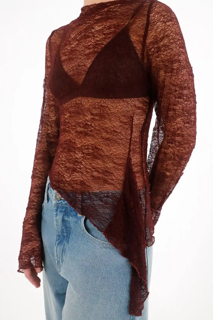 Long Sleeve T-Shirt in Red Lace Fabric for Women