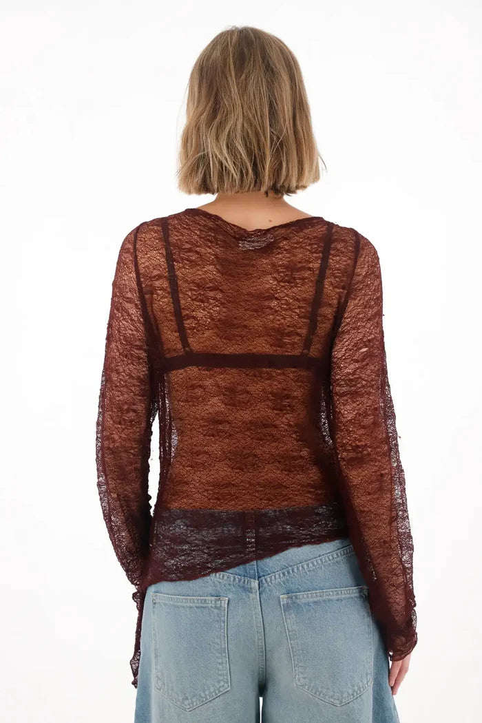Long Sleeve T-Shirt in Red Lace Fabric for Women