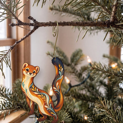 Laser-cut maple wood Long-Tailed Weasel folk art ornament O266 hanging on a fir branch, made in USA