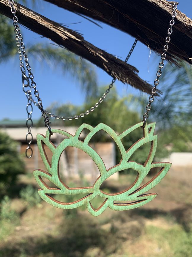 Lotus flower pendant necklace with layered petals, laser-cut and made in USA