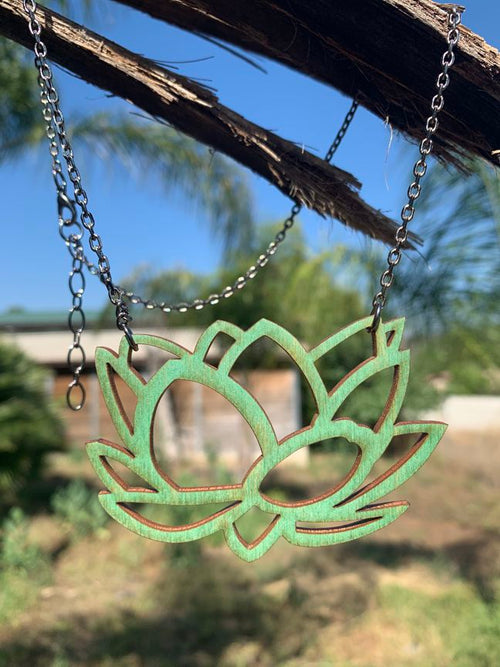Lotus flower pendant necklace with layered petals, laser-cut and made in USA