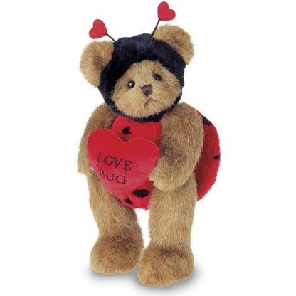 Love Bug Plush Stuffed Teddy Bear in Ladybug Suit and Holding Heart Standing