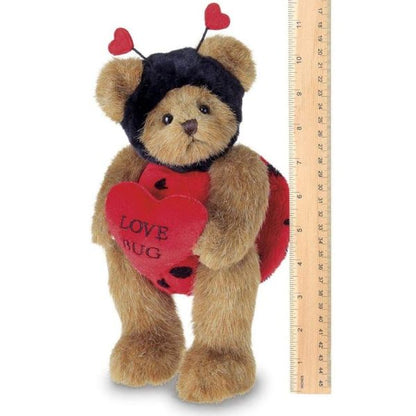 Love Bug Plush Stuffed Teddy Bear in Ladybug Suit and Holding Heart Measuring Vertically