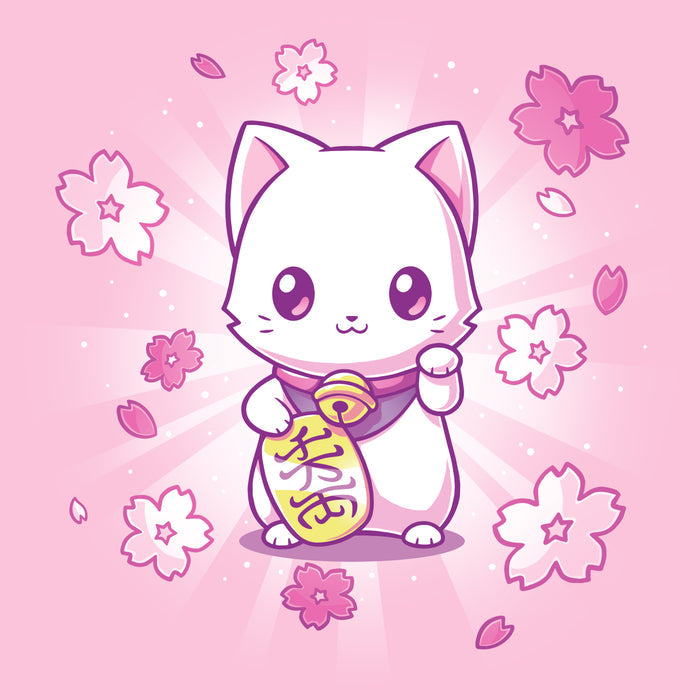Premium Cotton T-shirt_TeeTurtle light pink Lucky Sakura Kitty apparel featuring a cat with one paw raised and one paw holding a gold coin, surrounded by cherry blossoms.