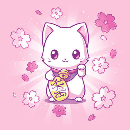 Premium Cotton T-shirt_TeeTurtle light pink Lucky Sakura Kitty apparel featuring a cat with one paw raised and one paw holding a gold coin, surrounded by cherry blossoms.