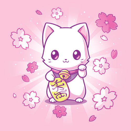 Premium Cotton T-shirt_TeeTurtle light pink Lucky Sakura Kitty apparel featuring a cat with one paw raised and one paw holding a gold coin, surrounded by cherry blossoms.