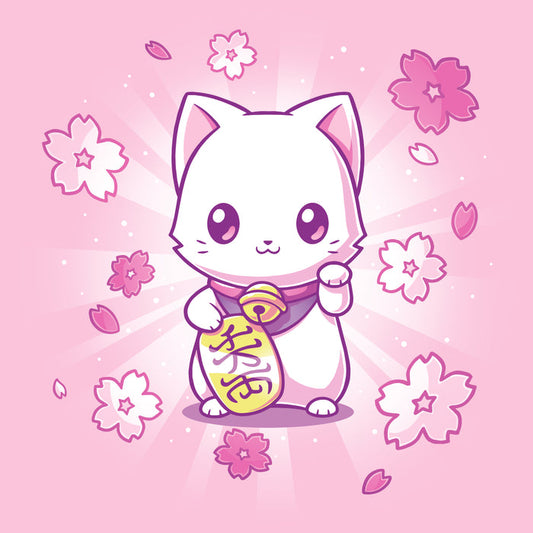 Premium Cotton T-shirt_TeeTurtle light pink Lucky Sakura Kitty apparel featuring a cat with one paw raised and one paw holding a gold coin, surrounded by cherry blossoms.