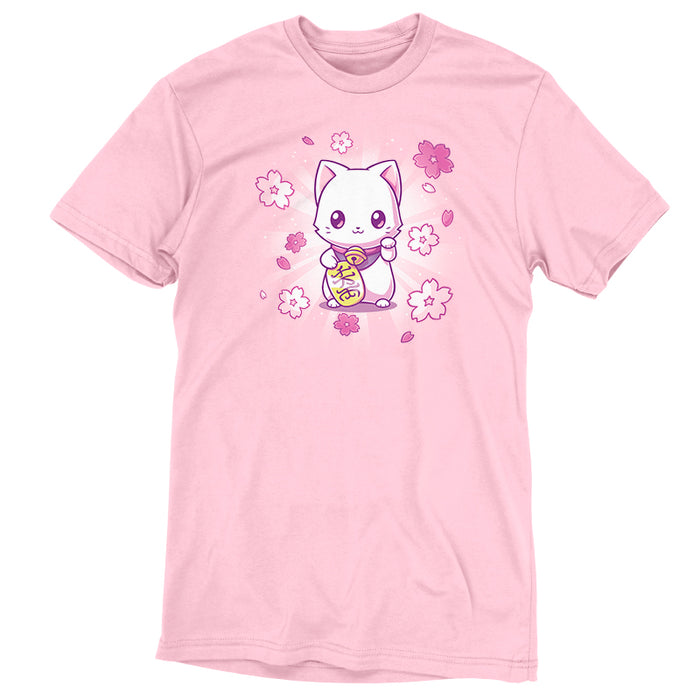 Premium Cotton T-shirt_TeeTurtle light pink Lucky Sakura Kitty apparel featuring a cat with one paw raised and one paw holding a gold coin, surrounded by cherry blossoms.