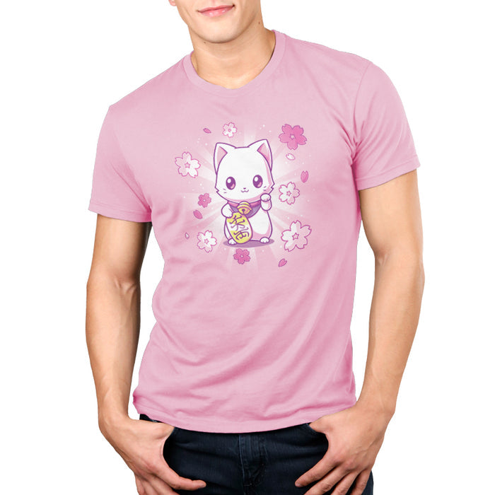 Premium Cotton T-shirt_TeeTurtle light pink Lucky Sakura Kitty apparel featuring a cat with one paw raised and one paw holding a gold coin, surrounded by cherry blossoms.