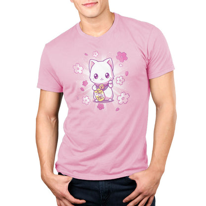 Premium Cotton T-shirt_TeeTurtle light pink Lucky Sakura Kitty apparel featuring a cat with one paw raised and one paw holding a gold coin, surrounded by cherry blossoms.